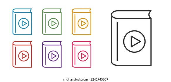 Set line Audio book icon isolated on white background. Play button and book. Audio guide sign. Online learning concept. Set icons colorful. Vector