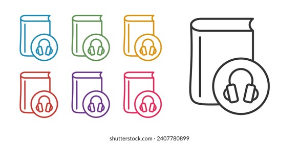 Set line Audio book icon isolated on white background. Book with headphones. Audio guide sign. Online learning concept. Set icons colorful. Vector