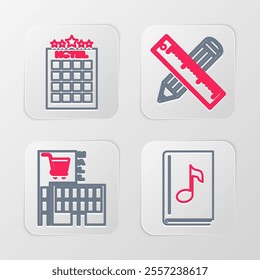 Set line Audio book, Mall or supermarket building, Crossed ruler and pencil and Hotel icon. Vector