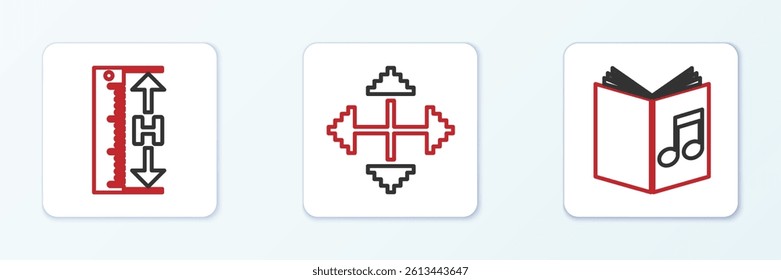 Set line Audio book, Measuring height and length and Pixel arrows four directions icon. Vector