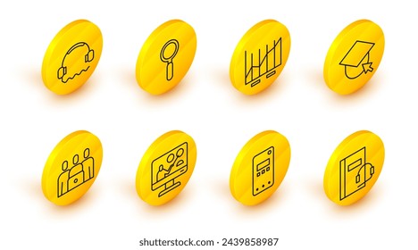 Set line Hörbuch, Handy, Online-Bildung, Klasse, Graduation Cap Globe, Tortendiagramm Infografik, Lupe und Kopfhörer-Symbol. Vektor