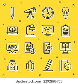 Set line Audio book, Online class, Exam sheet with plus grade, Clock, Table lamp, Marker pen and Graduation cap speech bubble icon. Vector