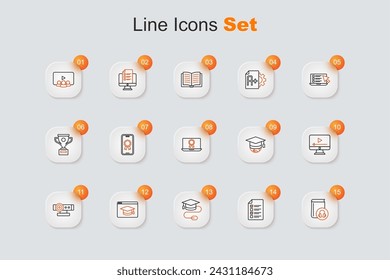 Set line Audio book, Online quiz, test, survey, Graduation cap with mouse, education, Web camera, play video, globe and diploma icon. Vector
