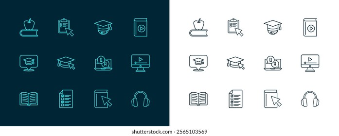 Set line Audio book, Online quiz, test, survey, Question and Answer, Graduation cap with cursor, globe, Book apple and  icon. Vector