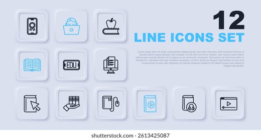 Set line Audio book, Online play video, education, Open, Book donation, Student working laptop and Electronic with mouse icon. Vector