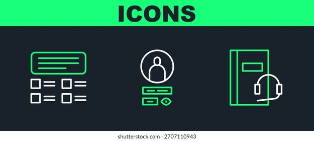 Set line Audio book, Online quiz, test, survey and Create account screen icon. Vector