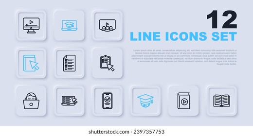 Set line Audio book, Open, Online quiz, test, survey, Graduation cap on globe, laptop and  icon. Vector