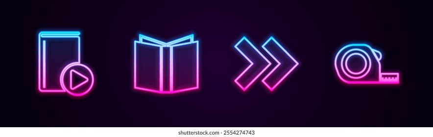 Set line Audio book, Open, Arrow and Roulette construction. Glowing neon icon. Vector