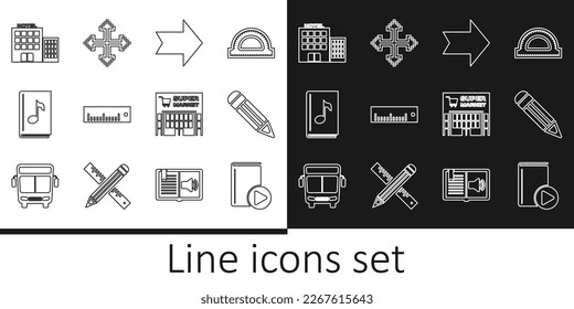 Set line Audio book, Pencil, Arrow, Ruler, Hotel building, Supermarket and Pixel arrows four directions icon. Vector
