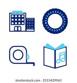 Set line Audio book, Roulette construction, Laurel wreath and Hotel building icon. Vector