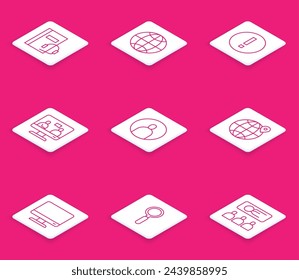 Set line Audio book, Social network, Information, Online education, Create account screen, Location the globe, Computer monitor and Magnifying glass icon. Vector
