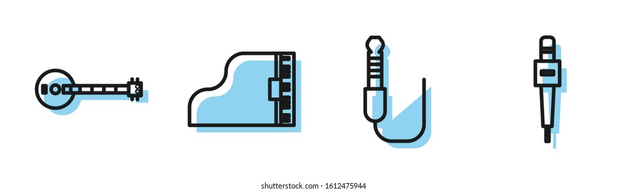 Set line Audio jack, Banjo, Grand piano and Microphone icon. Vector