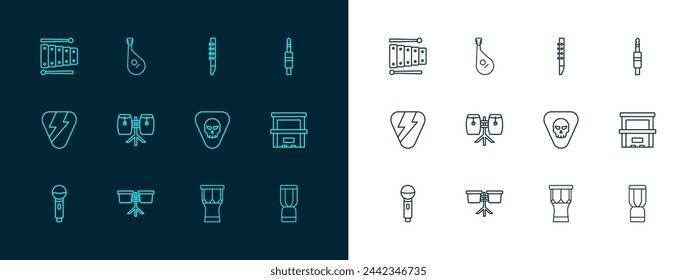 Set line Audio jack, Bongo drum, Guitar pick, African percussion, Conga drums, Flute, Xylophone and Bandura icon. Vector