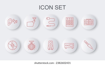 Set line Audio jack, CD or DVD disk, Guitar amplifier, Ear listen sound signal, Movie spotlight, Disco ball and Stereo speaker icon. Vector