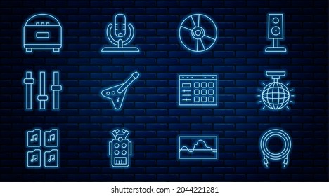 Set line Audio jack, Disco ball, CD or DVD disk, Electric bass guitar, Music equalizer, Stereo speaker, Drum machine and Microphone icon. Vector