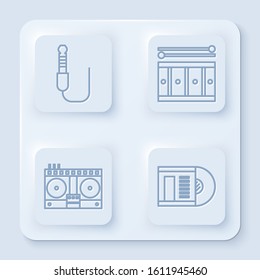 Set line Audio jack, Drum with drum sticks, DJ remote for playing and mixing music and Vinyl disk. White square button. Vector