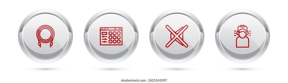 Set line Audio jack, Drum machine, Speaker mute and Man headphones. Silver circle button. Vector