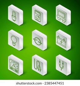 Set line Audio jack, Electric plug, LED light bulb, circuit scheme, Light with concept of idea, Multimeter, Ampere meter, multimeter, voltmeter and Car battery icon. Vector