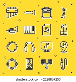 Set line Audio jack, Location musical note, Metronome with pendulum, Guitar amplifier, Grand piano, Trumpet, Pan flute and Music book icon. Vector