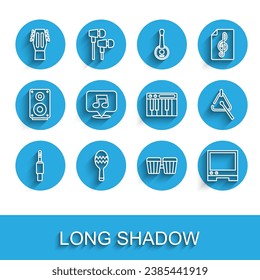 Set line Audio jack, Maracas, Guitar, Drum, Voice assistant, Music note, tone, Triangle and synthesizer icon. Vector