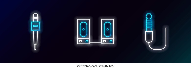 Ajuste el conector de audio de línea, el icono de micrófono y altavoz estéreo. Neón brillante. Vector