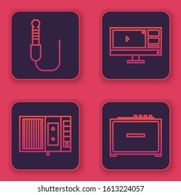 Set line Audio jack, Music tape player, Video recorder or editor software on monitor and Guitar amplifier. Blue square button. Vector