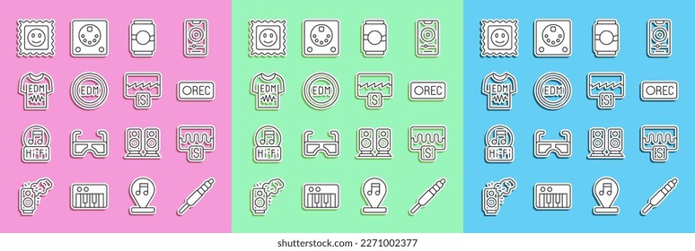 Set line Audio jack, Music wave equalizer, Record button, Beer can, EDM electronic dance music, T-shirt, LSD acid mark and  icon. Vector