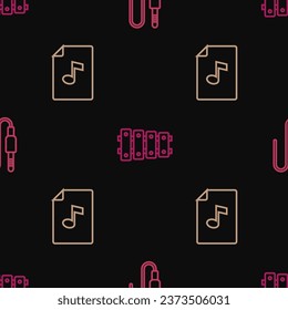 Set line Audio jack, Music book with note and Xylophone on seamless pattern. Vector