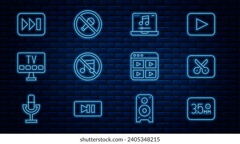 Set line Audio jack, Music or video editing, Laptop with music, Speaker mute, Smart Tv, Fast forward, playlist and Mute microphone icon. Vector