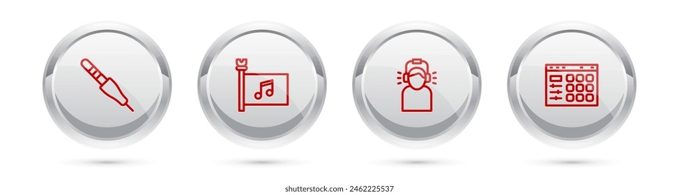 Juego de línea Audio jack, Bandera del festival de música, Hombre en auriculares y batería de la máquina. Botón círculo plateado. Vector