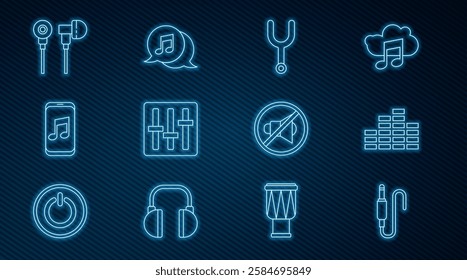 Set line Audio jack, Music equalizer, Musical tuning fork, Sound mixer controller, player, Air headphones, Speaker mute and note speech bubble icon. Vector