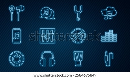 Set line Audio jack, Music equalizer, Musical tuning fork, Sound mixer controller, player, Air headphones, Speaker mute and note speech bubble icon. Vector