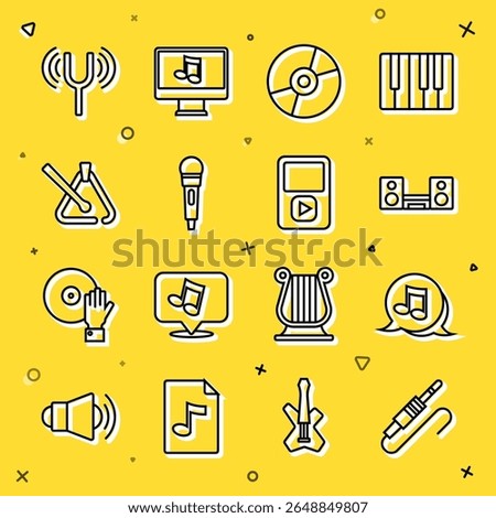 Set line Audio jack, Music note, tone, Home stereo with two speakers, Vinyl disk, Microphone, Triangle musical instrument, Musical tuning fork and player icon. Vector
