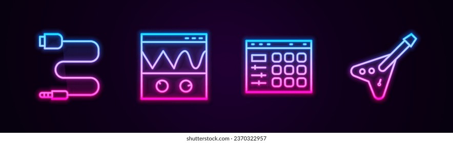 Set line Audio jack, Oscilloscope, Drum machine and Electric bass guitar. Glowing neon icon. Vector