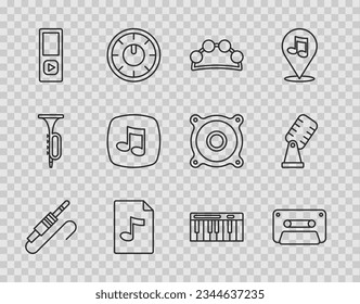 Set line Audio jack, Retro audio cassette tape, Tambourine, MP3 file document, Music player, note, tone, synthesizer and Microphone icon. Vector