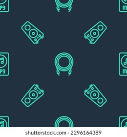 Set line Audio jack, Stereo speaker and MP3 file document on seamless pattern. Vector