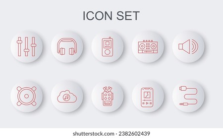 Set line Audio jack, Stereo speaker, Music player, equalizer, Headphones, streaming service and Microphone icon. Vector