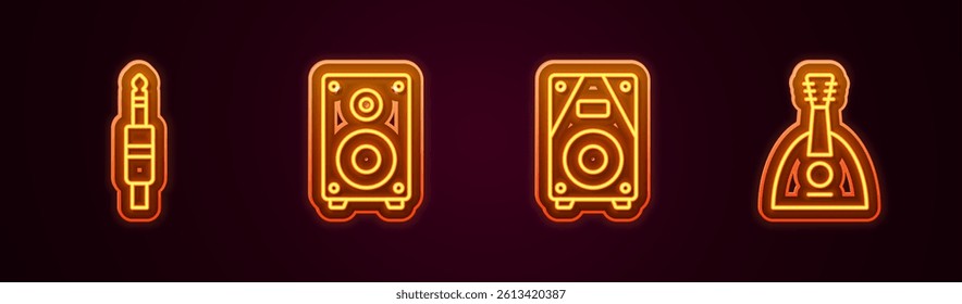 Set line Audio jack, Stereo speaker,  and Balalaika. Glowing neon icon. Vector