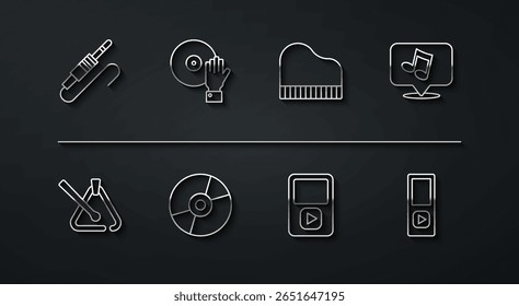 Set line Audio jack, Triangle musical instrument, Music note, tone, player, Vinyl disk, DJ playing,  and Grand piano icon. Vector
