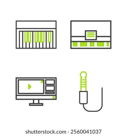 Set line Audio jack, Video recorder or editor software on monitor, Piano and Music synthesizer icon. Vector