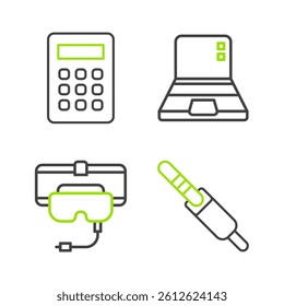 Set line Audio jack, Virtual reality glasses, Laptop and Calculator icon. Vector