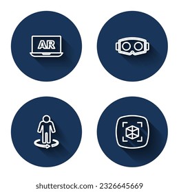 Set line Augmented reality AR, Virtual glasses, 3d modeling and  with long shadow. Blue circle button. Vector