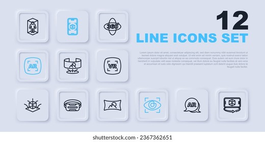 Set line Augmented reality AR, 3d modeling, 360 degree view, Big brother electronic eye, Virtual glasses,  and Wide angle picture icon. Vector
