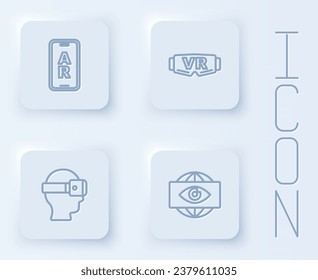 Línea Realidad aumentada AR, gafas virtuales y ojo electrónico Gran Hermano. Botón cuadrado blanco. Vector