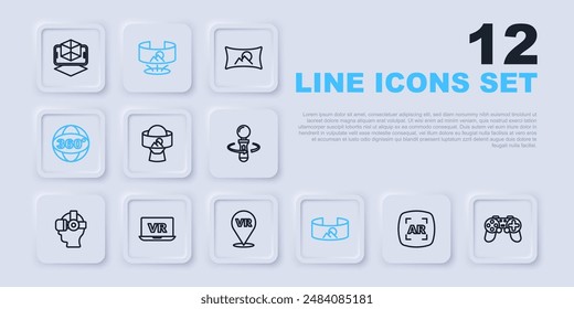 Ajuste de línea Realidad aumentada AR, Gamepad, gafas virtuales, vista de 360 grados e icono. Vector