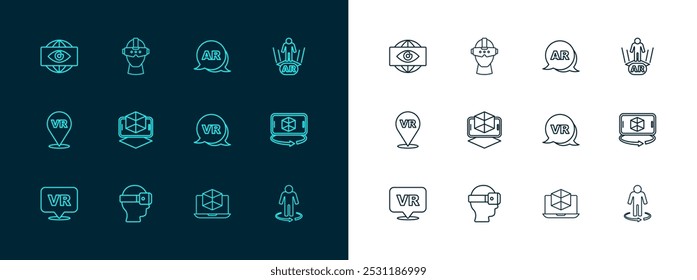 Conjunto de línea realidad aumentada AR, gafas virtuales, modelado 3d, ojo electrónico e icono de Gran hermano. Vector