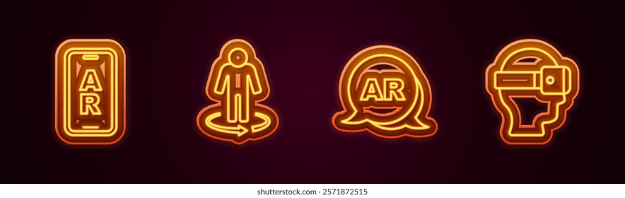 Set line Augmented reality AR, 3d modeling,  and Virtual glasses. Glowing neon icon. Vector