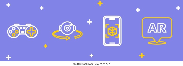 Set line Augmented reality AR, 3d modeling, 360 degree view and Gamepad icon. Vector