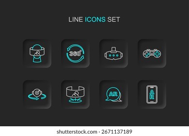 Set line Augmented reality AR, 360 degree view, Gamepad, Virtual glasses,  and  icon. Vector