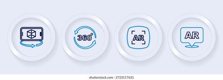 Set line Augmented reality AR, 360 degree view and 3d modeling icon. Vector